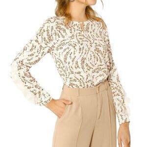 Allegra K Blouse Size S White Botanical Print Ruffle Sleeve Keyhole Neck Top